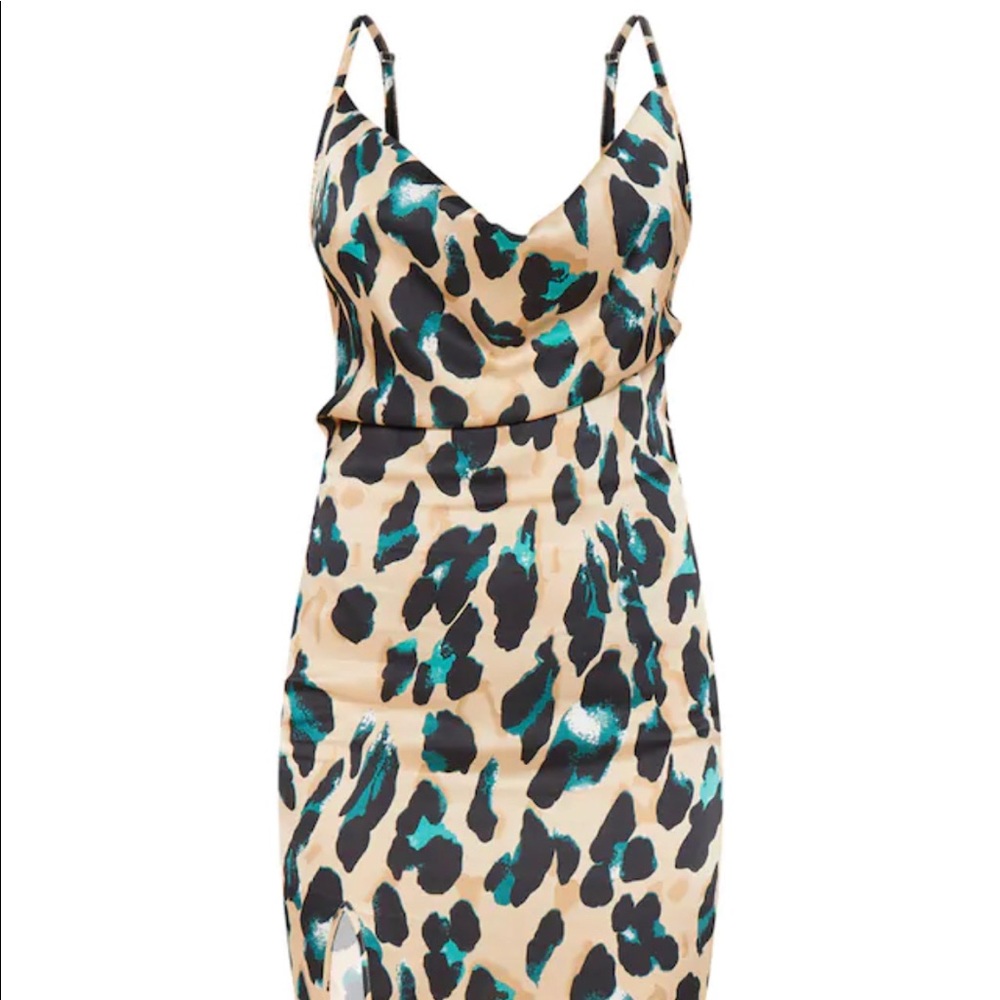 Tan Strappy Satin Leopard Print Cowl Midi Dress